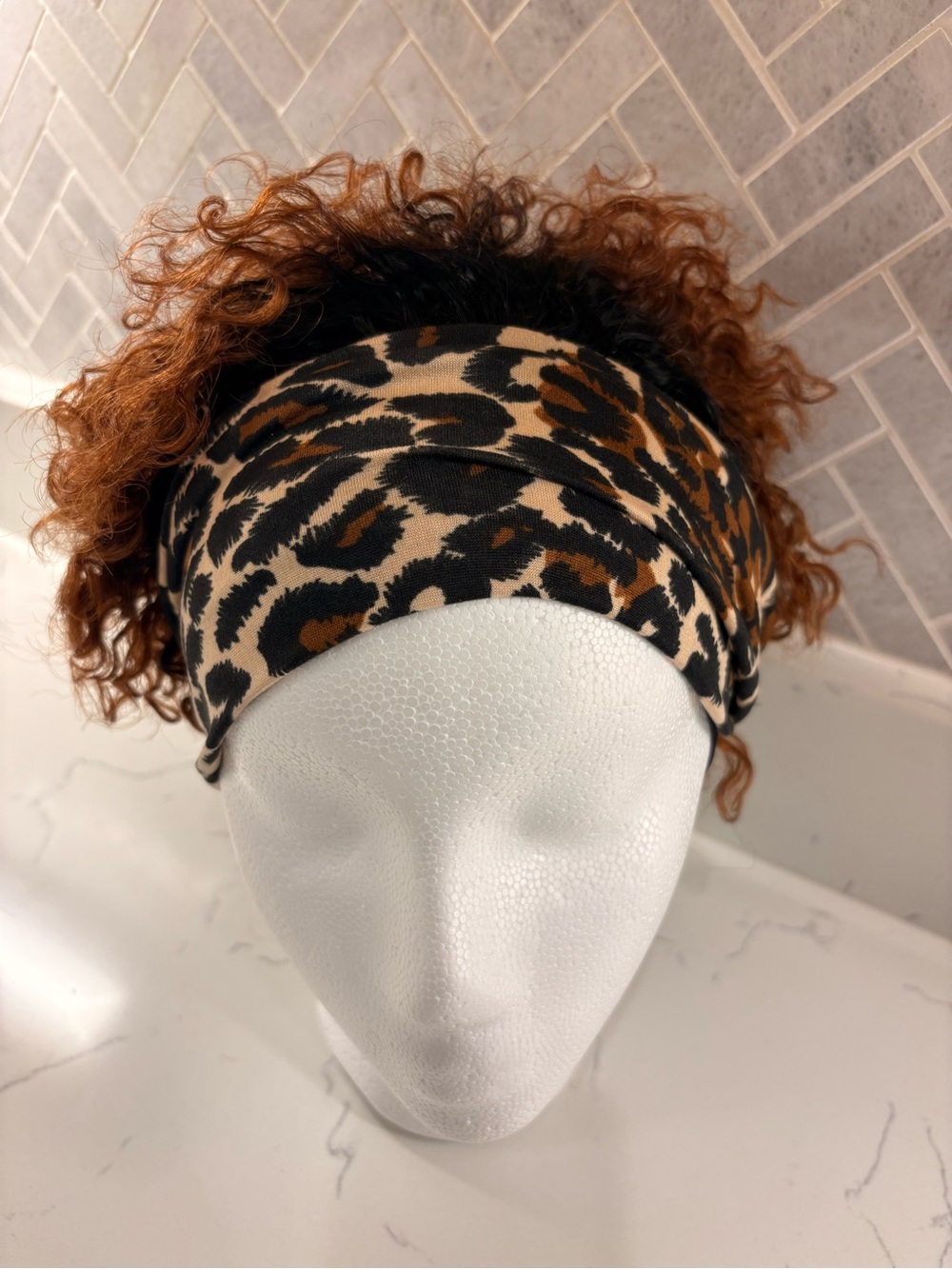 Brownish black/reddish curly wig and lovely Leopard Print Wide Headband